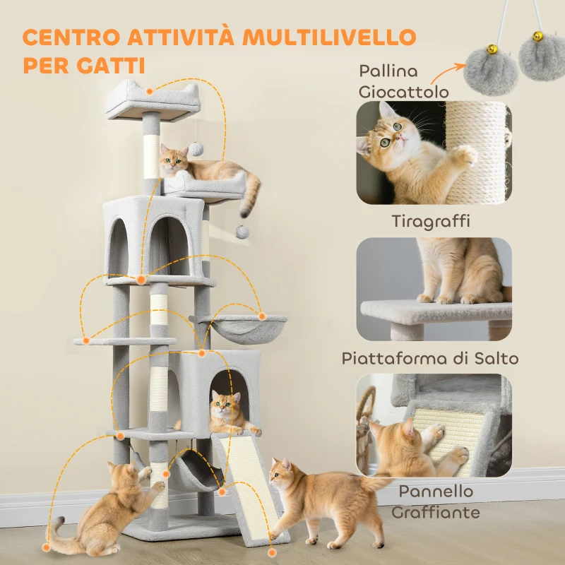 PawHut Albero Tiragraffi per Gatti con 2 Casette, 2 Lettini, Trespolo e 2 Palline, 48x40x177 cm, Grigio Chiaro e Beige
