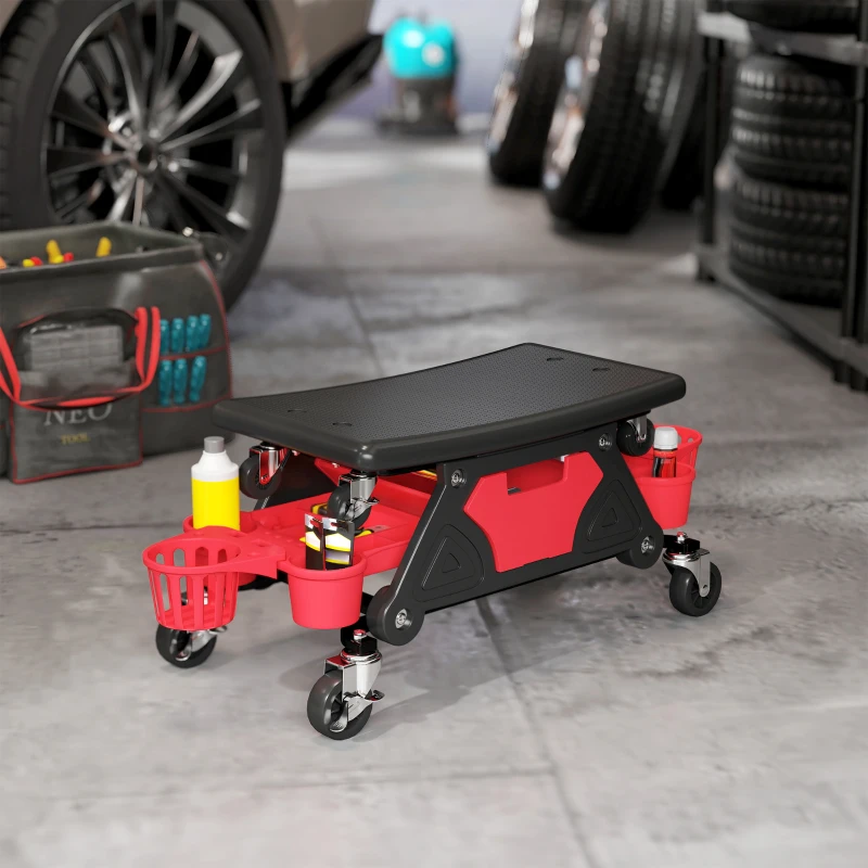 HOMCOM Werkplaatskruk met Afneembare Zitting en Wielen, Opbergruimte, 33cm Hoog, Tot 135 kg, Rood