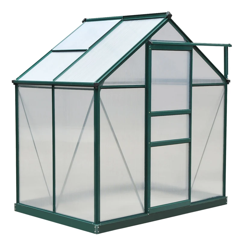 Outsunny 6 x 4ft Polycarbonate Greenhouse, Large Walk in Green House with Slide Door and Window, Garden Plants Grow House with Aluminium Frame and Foundation, Dark Green