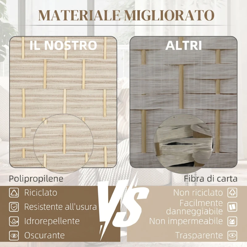 HOMCOM Paravento da Interno a 3 Pannelli Pieghevole, 135x180 cm, Separé Intrecciato in PP e Legno di Pino, Rovere