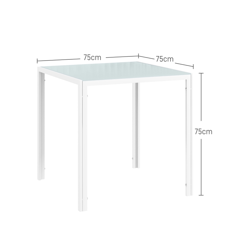 HOMCOM Vierkante eettafel voor 4 personen, tafelblad van gehard glas, voor keuken en eetkamer, 75 x 75 x 75 cm, wit