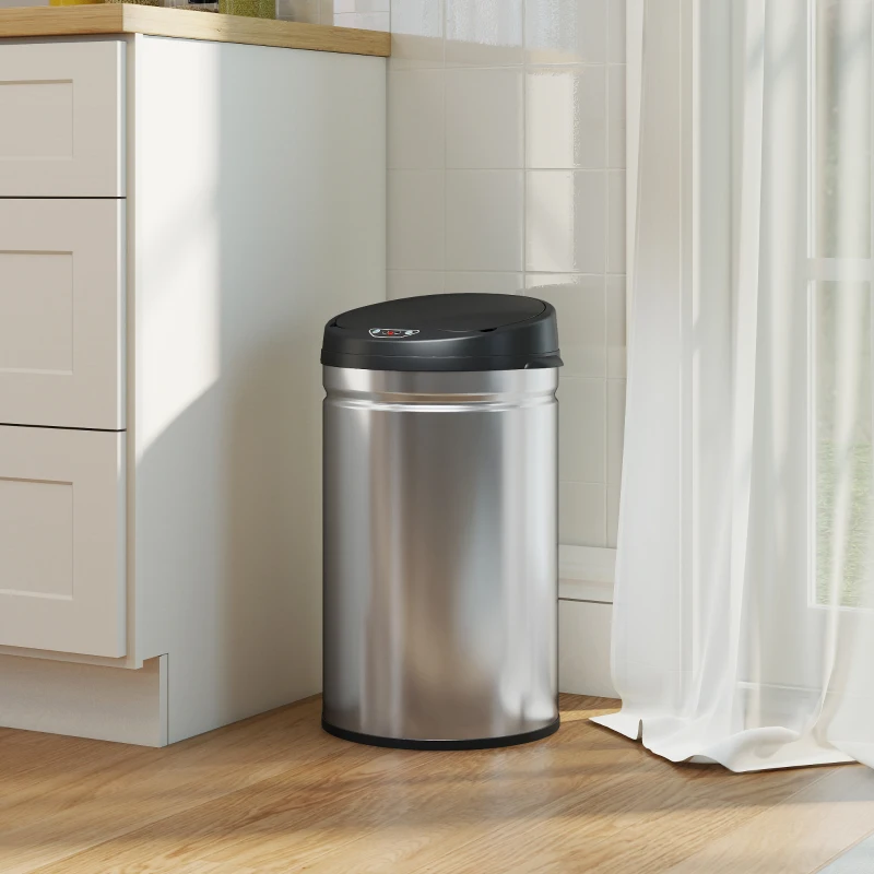 HOMCOM Cubo de Basura Cocina Automático 30 L Sensor Infrarrojo Cierre Automático Antihuellas Acero Inoxidable Plata