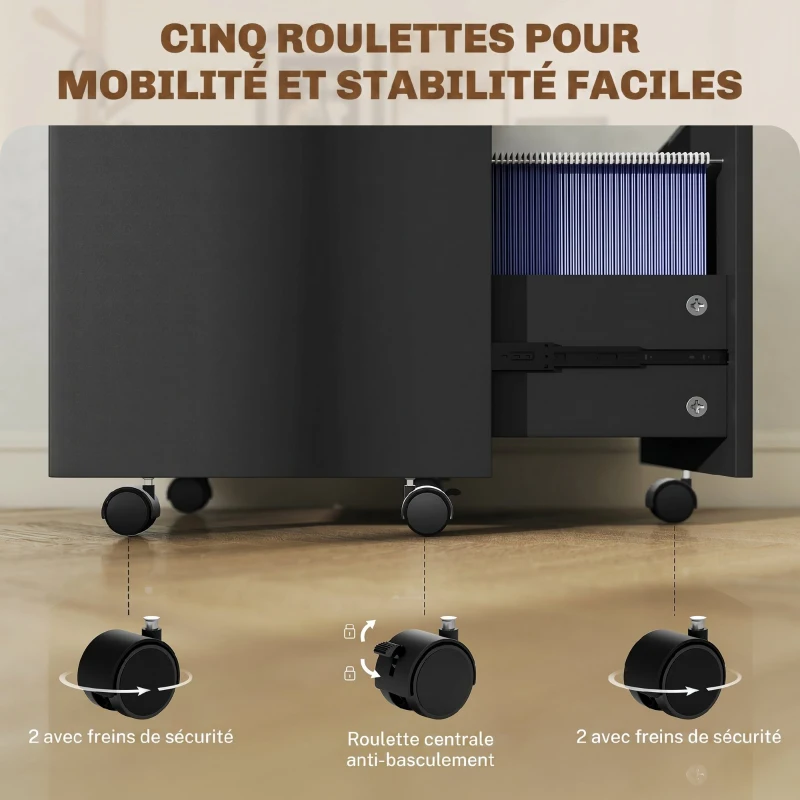 HOMCOM Caisson de bureau, meuble de rangement 2 tiroirs 2 barres pour dossier suspendu, verrouillable avec 2 clés 42x40x60 cm
