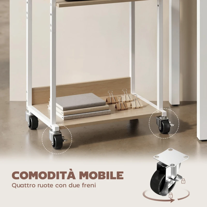 HOMCOM 3-Livelli Stampante Supporto con Ruote e Ganci, Tavolino Moderno, Naturale.
