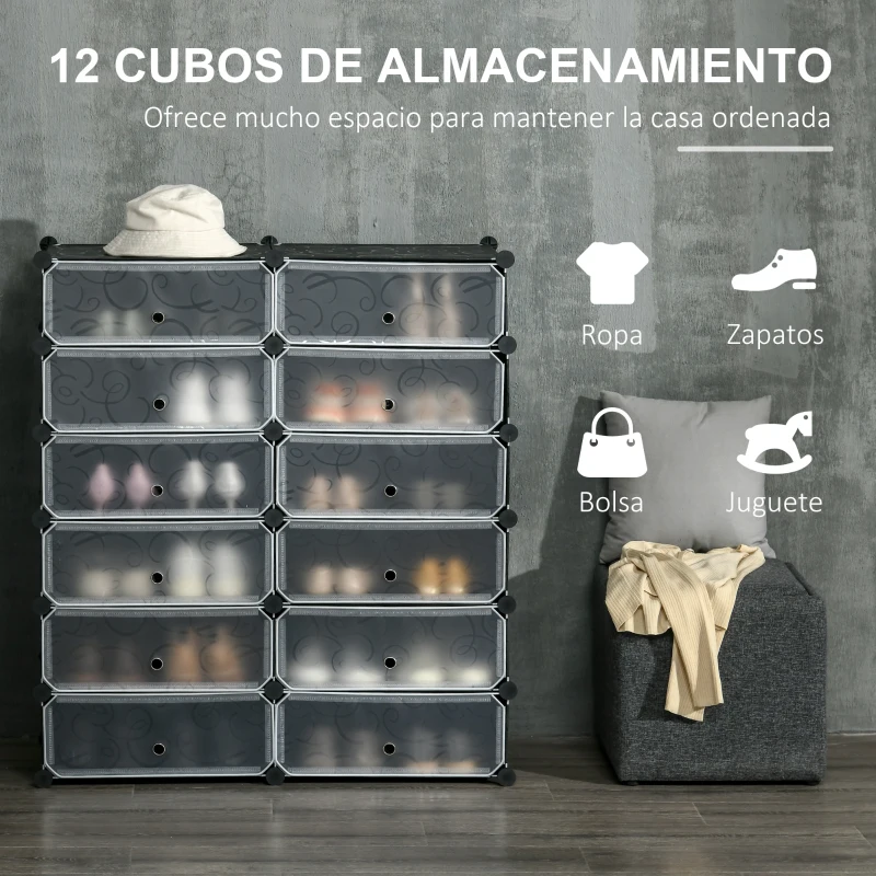 HOMCOM Armario Modular para Zapatos de Plástico con 12 Cubos Puertas y Conectores Diseño DIY para Entrada o Dormitorio Negro