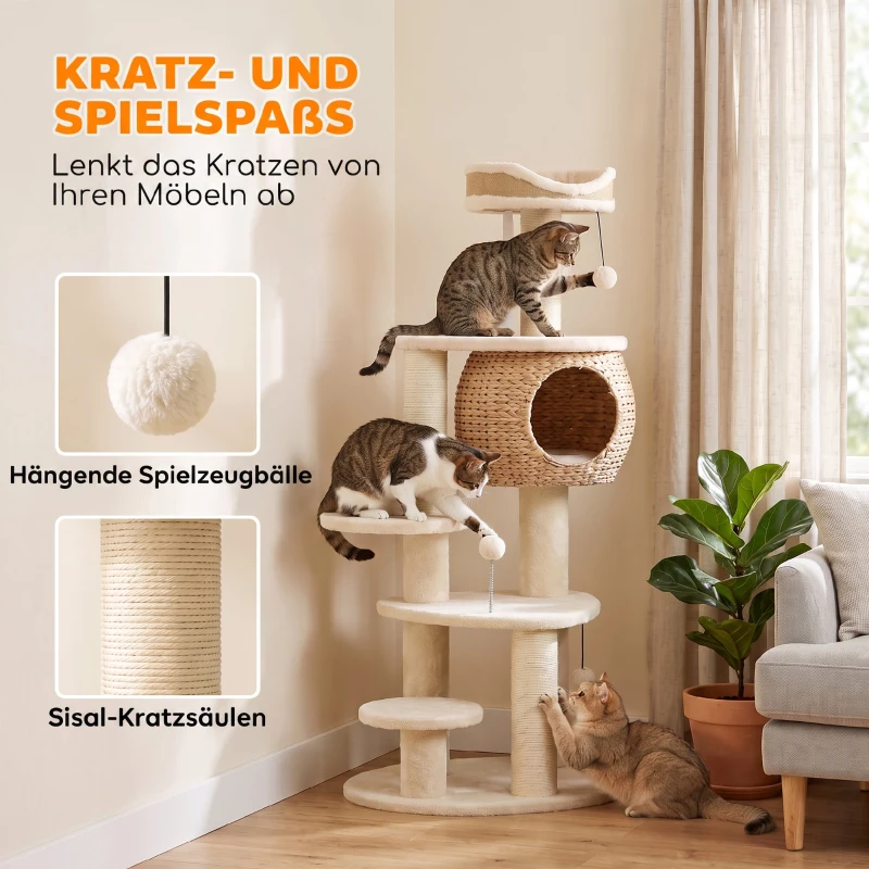 PawHut Grote krabpaal van 132 cm met handgevlochten kattenhuis van lisdodde, sisalpalen, ligbed, 3 speelballen en anti-kantelband, voor 1-2 katten tot 6 kg