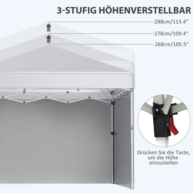 Outsunny Opvouwbare paviljoen met 2 zijwanden, verstelbare hoogte, inclusief draagtas, roestvrij stalen frame, 3x3 m, wit