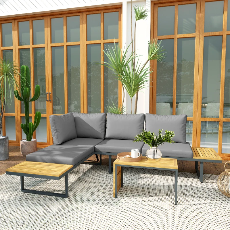 Outsunny Buitenmeubelset, Uitbreidbaar naar 6 Zitplaatsen, L-Vormige Buitenhoek met Tafels, Stalen Frame, Verstelbare Leuningen, Grijs