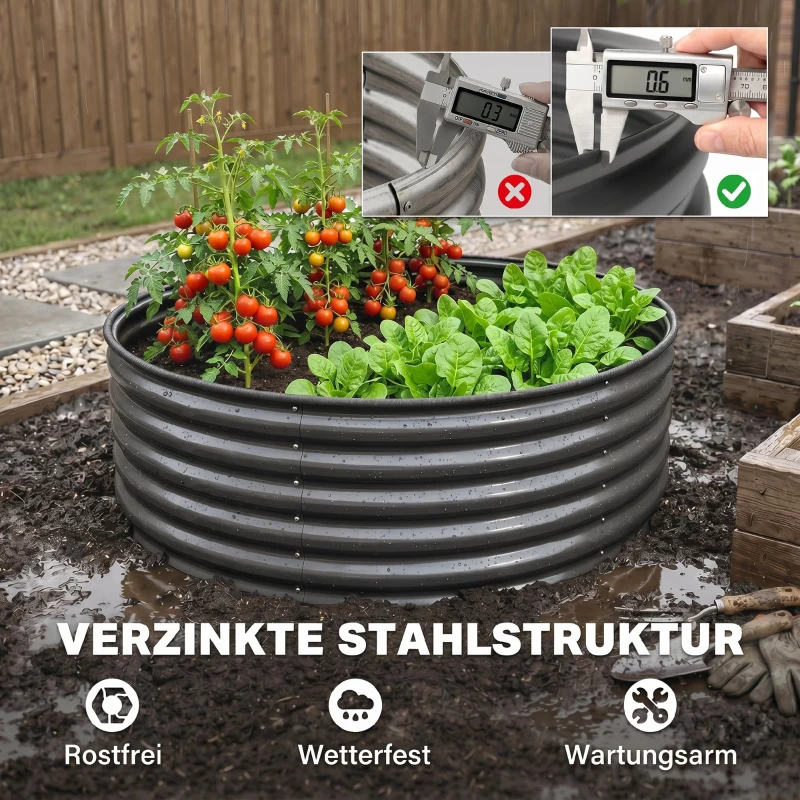 Outsunny Verhoogd Bed, Gegalvaniseerde Plantenbak met Veiligheidsrand, Plantenbox met Open Bodem, 120 x 120 x 43 cm, Donkergrijs