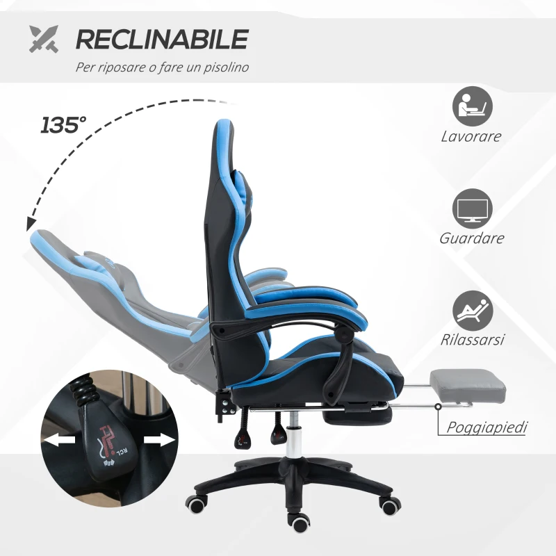 Vinsetto Sedia da Gaming con Altezza Regolabile e Schienale Reclinabile, 65x65x121-129 cm, Blu e Nero