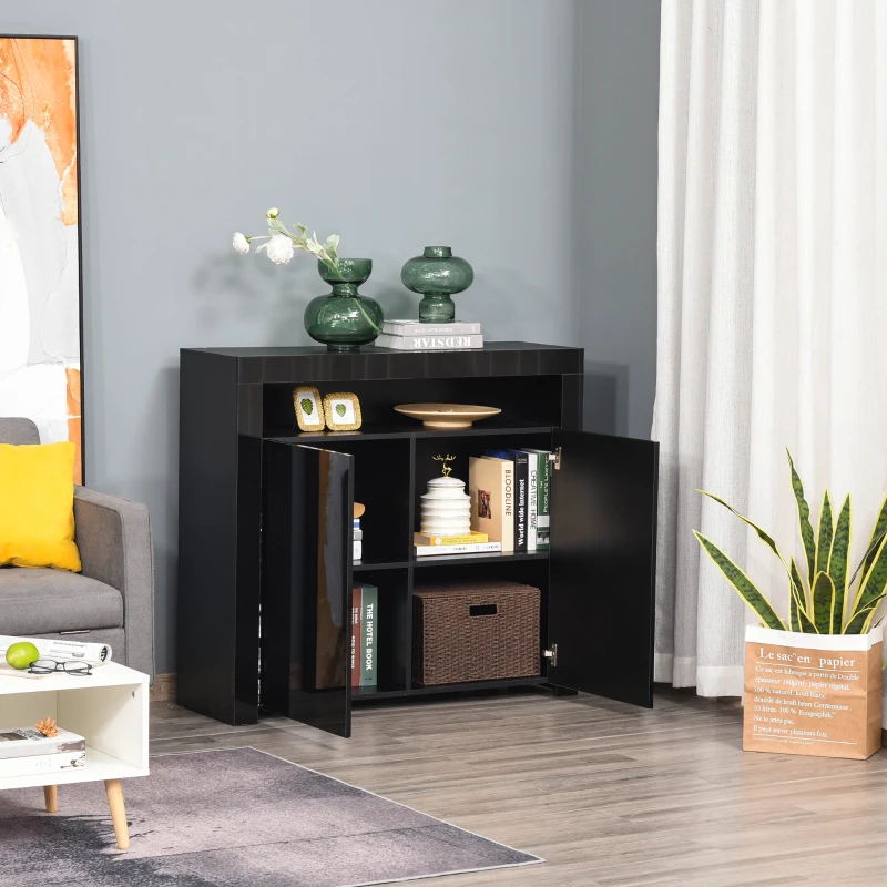 HOMCOM 2-Door Sideboard with LED Light, High Gloss Lighted Storage Cabinet with Shelves and Open Compartment, Modern Kitchen Sideboard for Dining Room, Living Room, 107 x 35 x 97cm, Black