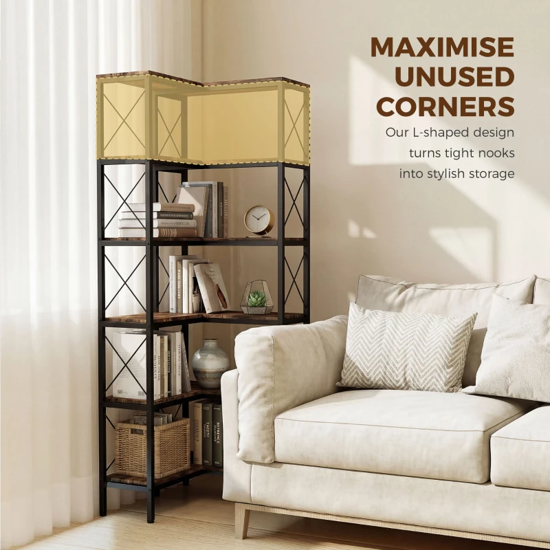 HOMCOM 5-Tier L-Shaped Bookshelf, Freestanding Corner Bookcase with Metal Frame, Rustic Brown