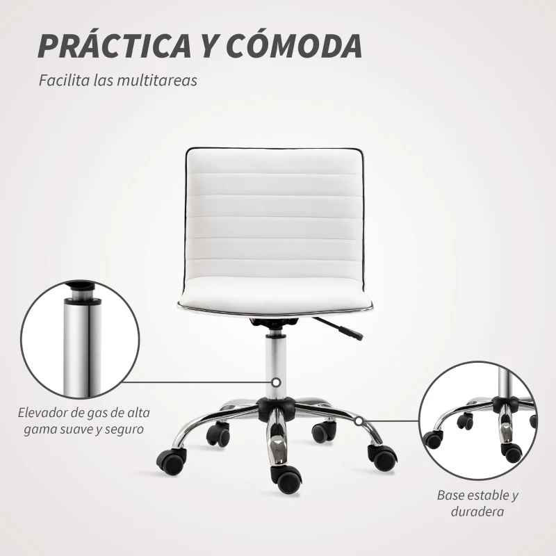HOMCOM Silla de Escritorio sin Brazos Giratoria con Altura Ajustable Silla para Estudio Tapizada en PU Carga 120 kg Blanco