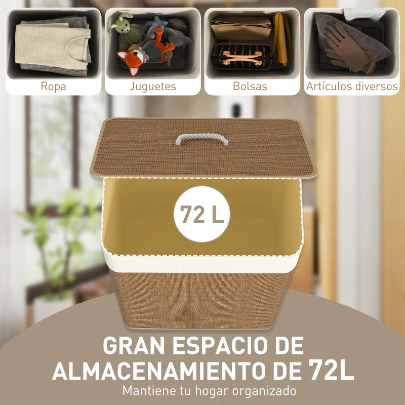HOMCOM Cesto de Ropa Sucia con Tapa 72L Bolsa Interior Extraíble y Asas para Lavandería Dormitorio 40x30x60 cm Marrón