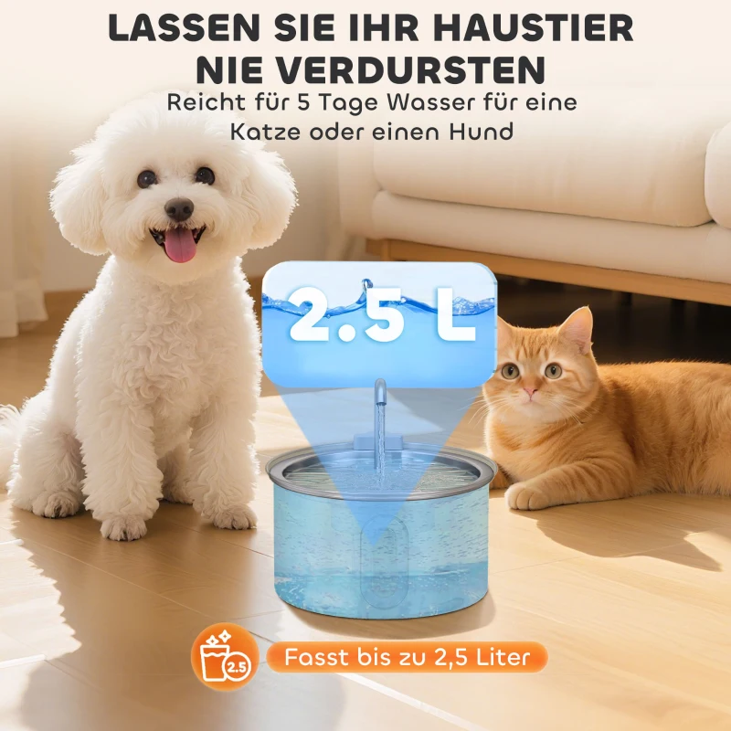 PawHut Kattenfontein 2,5L drinkfontein voor katten met stille pomp LED actieve koolfilter 19,4 x 19,4 x 18,7 cm