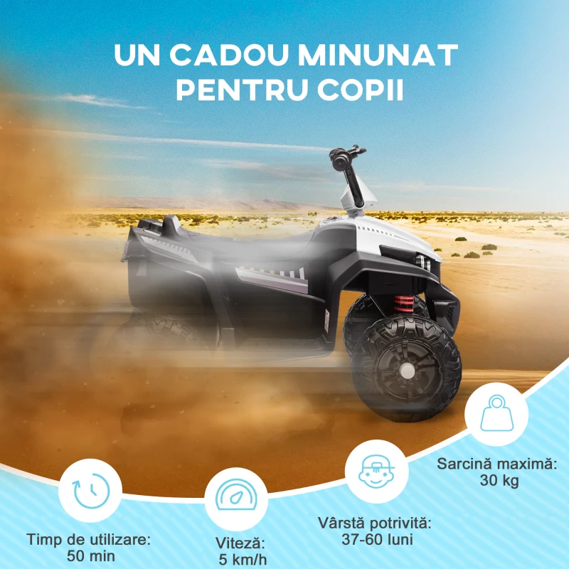 AIYAPLAY ATV Electric pentru Copii 12V cu 2 Motoare, Suspensii, Faruri LED, MP3, 37-60 Luni, Interior Exterior, Alb