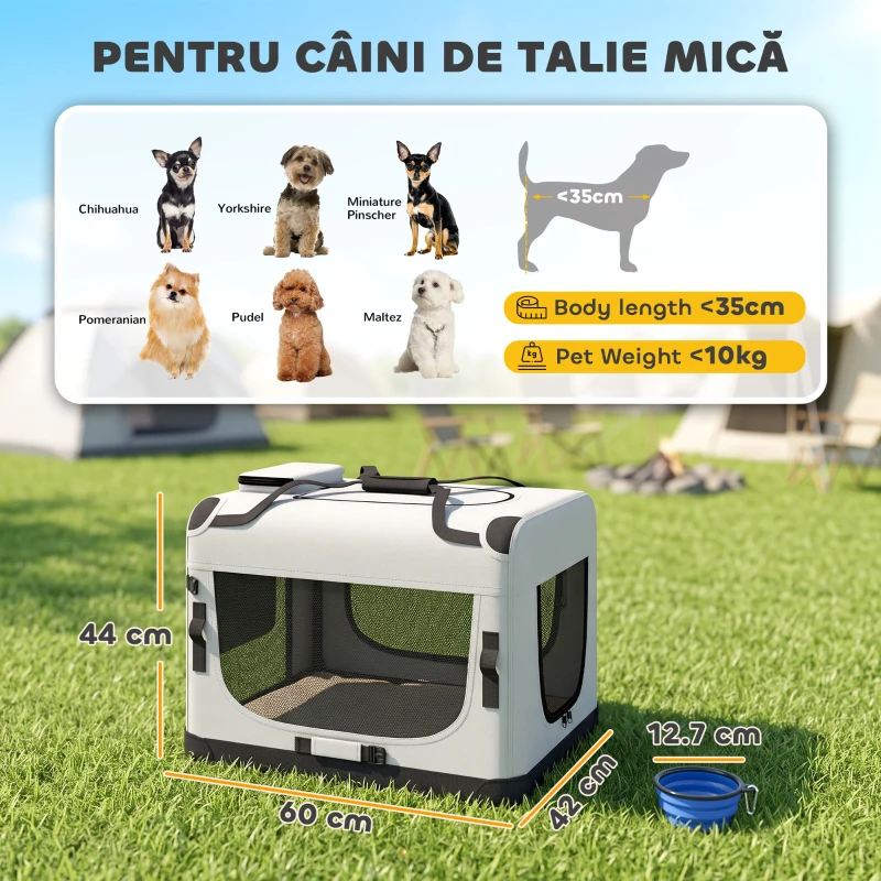 PawHut Geantă de Transport Pliabilă pentru Câini de Talie Mică, cu Bol, din Țesătură Oxford, Gri Deschis