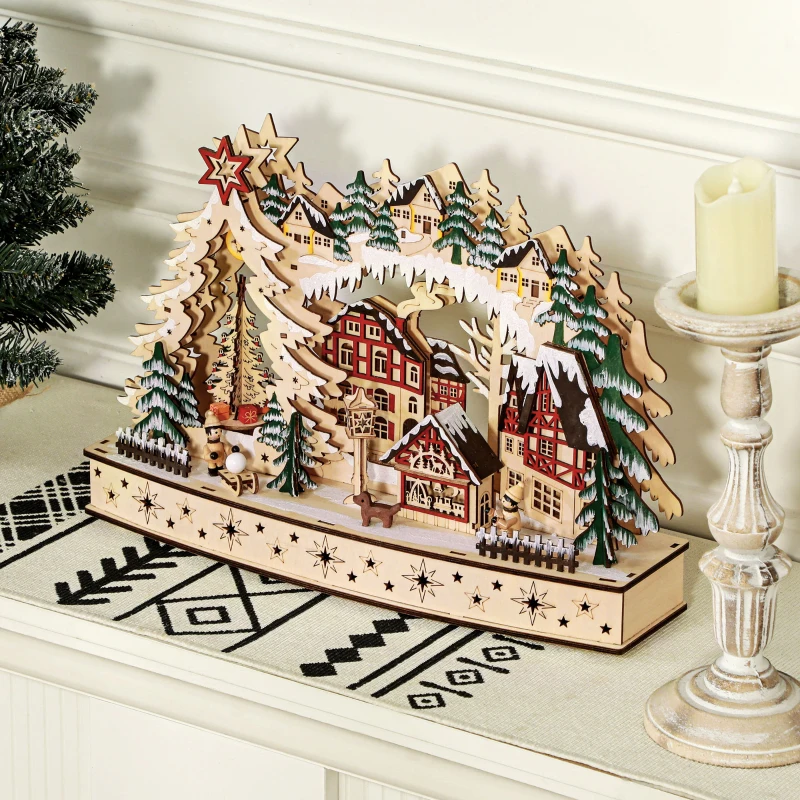 HOMCOM Kerstdorp in Winterwonderland, 20 LED-Lichten, Meerlaags, Natuurhout, 45 x 12 x 30 cm