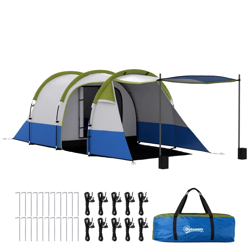 Outsunny Tente de camping tente tunnel 2-3 per. avec porche légère ventilée étanche 2000 mm 3 portes sac de transport inclus