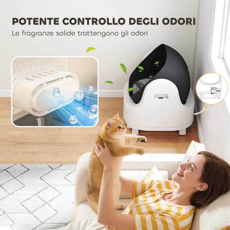 PawHut Lettiera Autopulente con Design Aperto, Sensori di Sicurezza e Deodorante, in PP e ABS, 50x54x55 cm, Bianco
