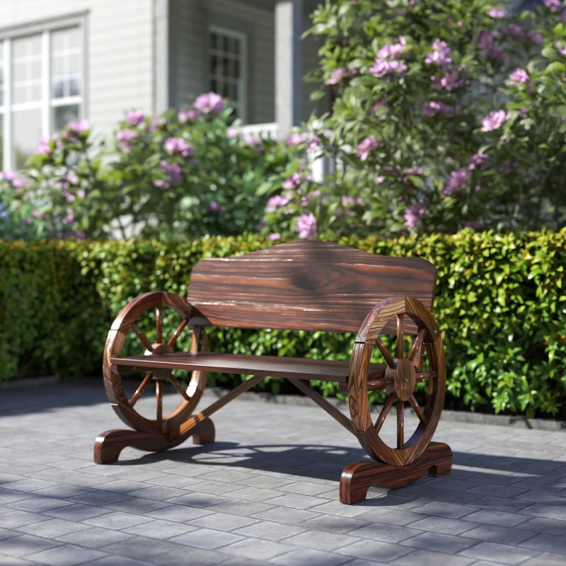 Outsunny 2-zits tuinbank met wiel-armleuningen, rustieke outdoorbank voor terras, veranda, vurenhout, bruin