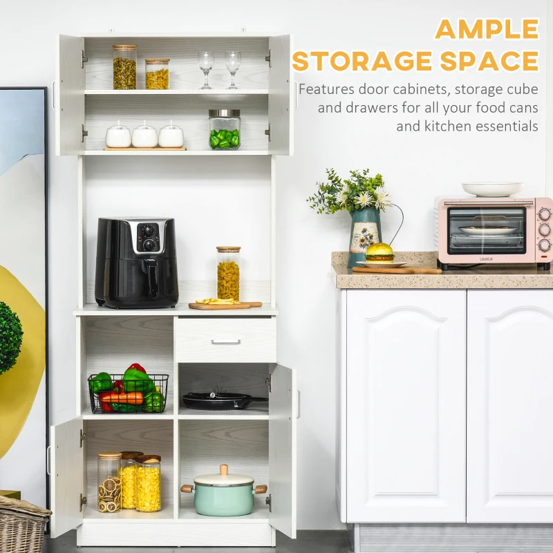 HOMCOM Tall Kitchen Cupboard, Kitchen Cabinet with Doors, Shelves, Drawer and Open Countertop, Storage Cabinet for Living Room, Dining Room, White