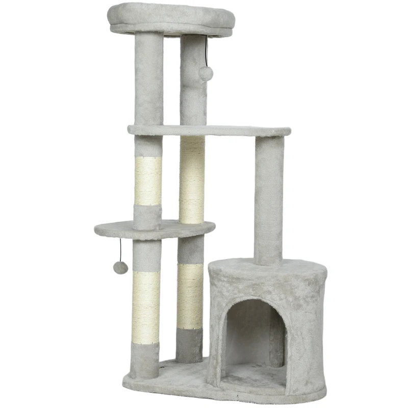 PawHut Krabpaal 114 cm klimtoren met hol, sisalstammen, platform, meerlaagig voor middelgrote katten tot 6 kg, Lichtgrijs