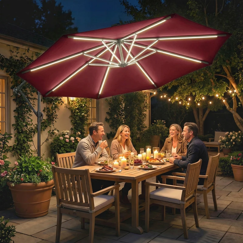 Outsunny 3 m Garden Cantilever Parasol with LED Solar Light, Round Overhanging Umbrella with 360° Rotation, Cover, Wine Red