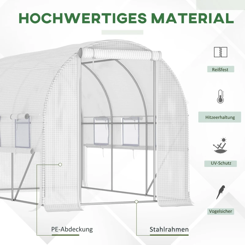 Outsunny Foliënkas met 6 oprolbare ramen, deur met ritssluiting, roestvrij stalen frame, 2,95 x 2 x 2 m, wit