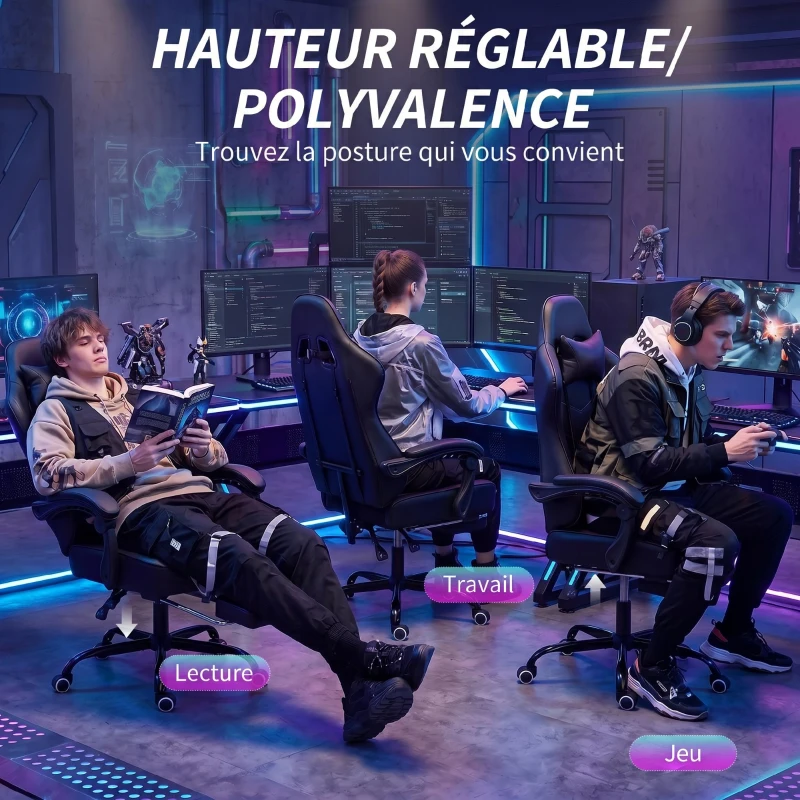 HOMCOM Chaise gaming ergonomique, fauteuil gamer avec support lombaire massant, dossier inclinable, hauteur réglable, noir