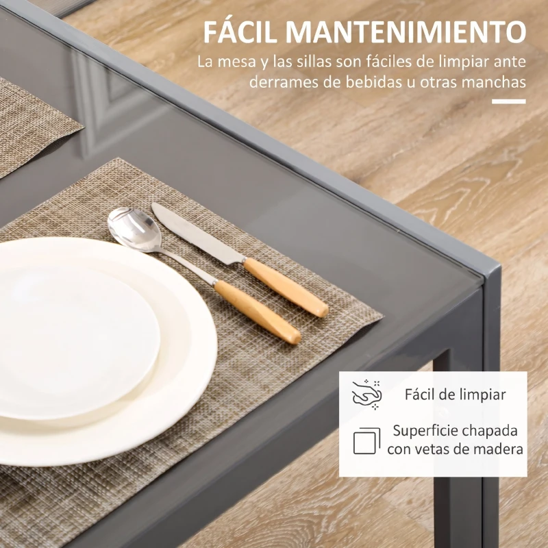 HOMCOM Conjunto de Comedor de Mesa y 4 Sillas 5 Piezas Mesa Rectangular de Vidrio Templado y Sillas Tapizadas en PU Gris