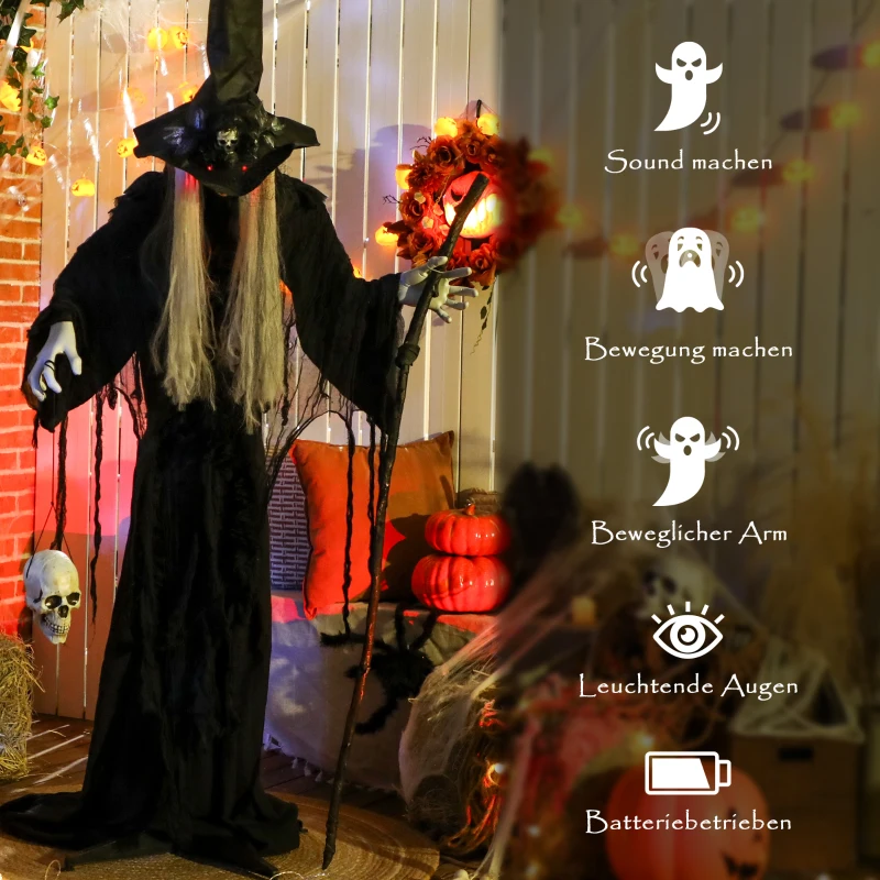 Outsunny 170 cm Halloween Decoratie Halloween Heks met LED-lichten, Geluidsfunctie verstelbare Armen, Hoofd
