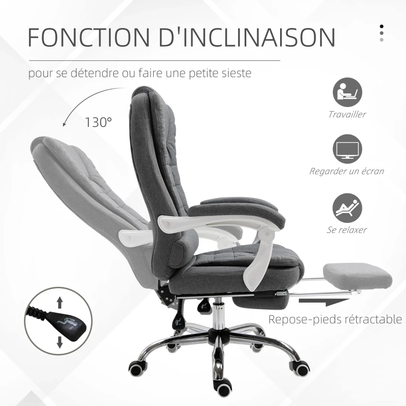 Vinsetto Fauteuil de bureau manager chaise pour ordinateur avec repose-pied dossier inclinable accoudoirs rembourrés en lin gris