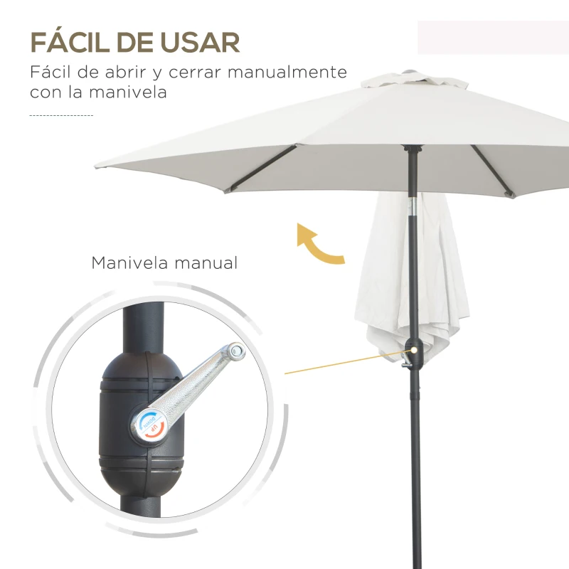 Outsunny Sombrilla de Jardín, Ø260x235 cm, Parasol de Jardín Reclinable con Manivela, Poste Desmontable de Aluminio y 6 Varillas de Metal, para Terraza, Exterior, Balcón, Crema