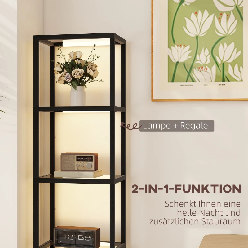 HOMCOM LED-vloerlamp met 4-laags rek, verlicht rek met 4 glazen vakken, voetschakelaar, MDF, zwart(m-4)