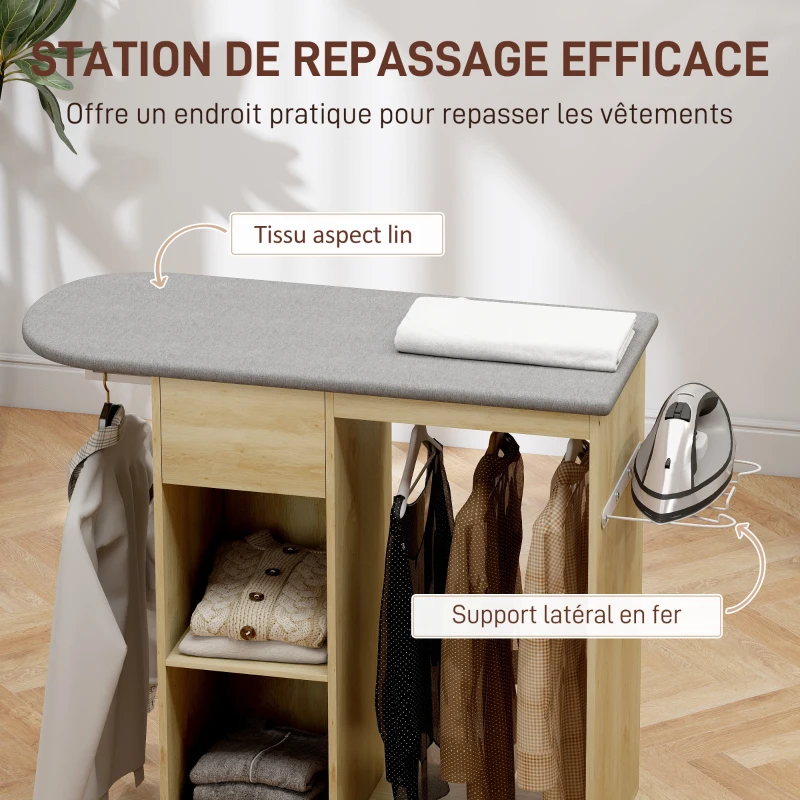 HOMCOM Armoire à repasser en bois table à repasser avec roulettes barre de suspension étagère 125 x 43,5 x 102,5 cm bois naturel