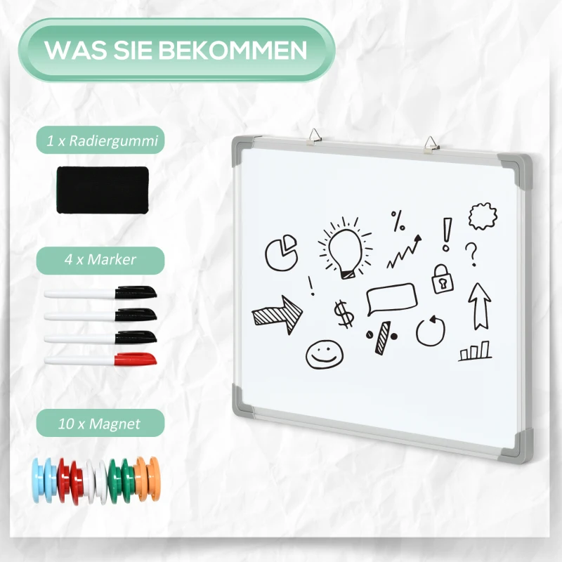 HOMCOM Magnetisch Whiteboard, Gemakkelijk te Wissen, Met 4 Markers, 10 Magneten, 1 Gum, 60 x 1,8 x 45 cm