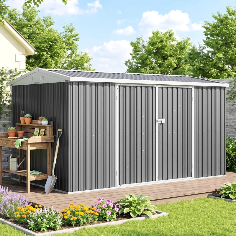 Outsunny 14 x 8ft Outdoor Garden Metal Storage Shed with Lockable Door, Tool Storage Box for Garden, Patio and Lawn, Grey