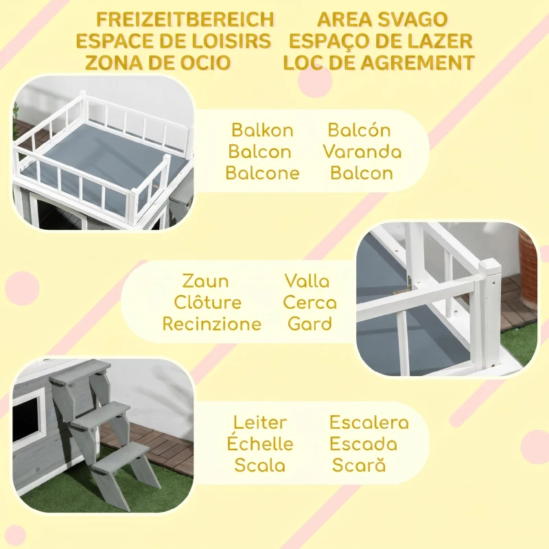 PawHut Cusca de exterior pentru caini cu balcon, scari, Cusca pentru caini rezistenta la intemperii cu picioare inaltate, ferestre, pentru caini de talie mica si medie