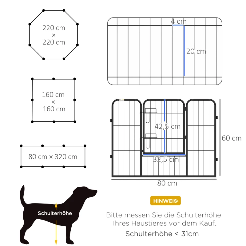 PawHut Hondenren Puppiespeelplaats Dierenomheining, inklapbaar, vergrendelbare deur, weerbestendig, 8 panelen, Zwart