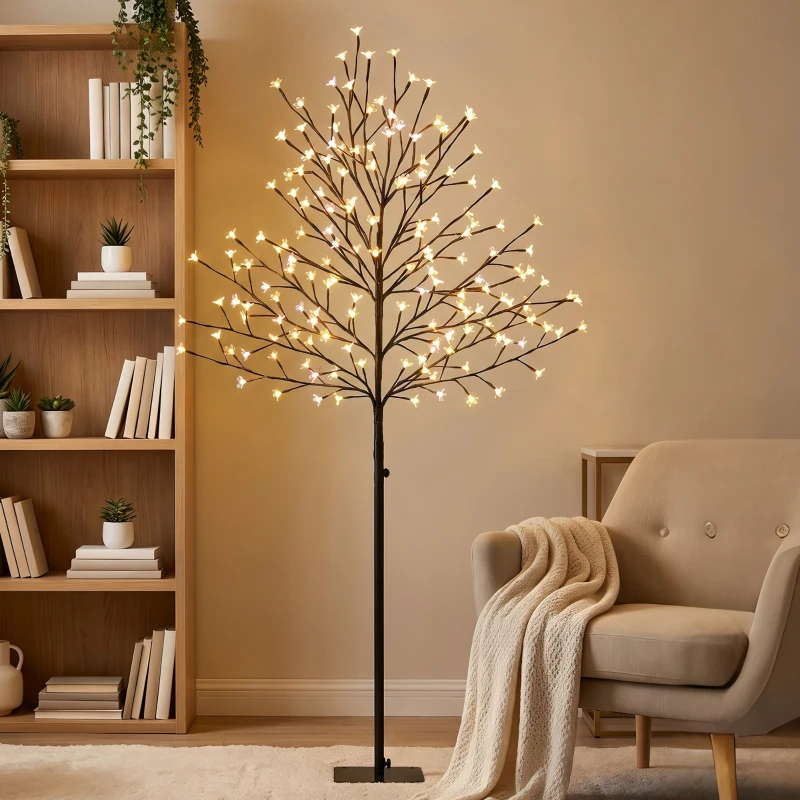 HOMCOM Copac luminos 150 cm cireș artificial iluminat 160 LED și 16 ramuri flexibile, decorațiune interioară și exterioară