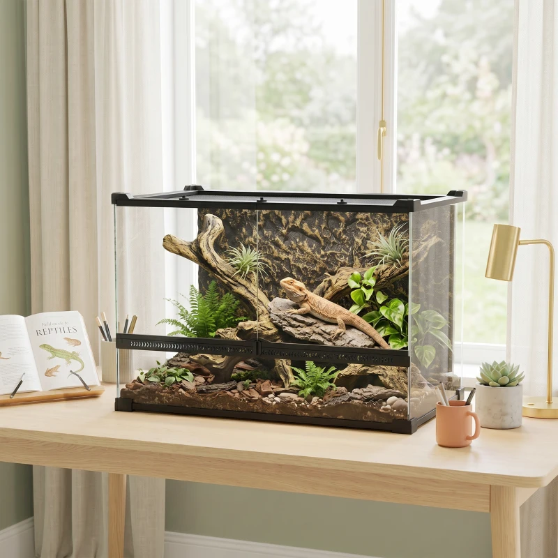 PawHut Terrarium voor reptielen Glazen terrarium 48L met voorventilatie stenen achterwand draaivergrendeling 50 x 30 x 35 cm Zwart