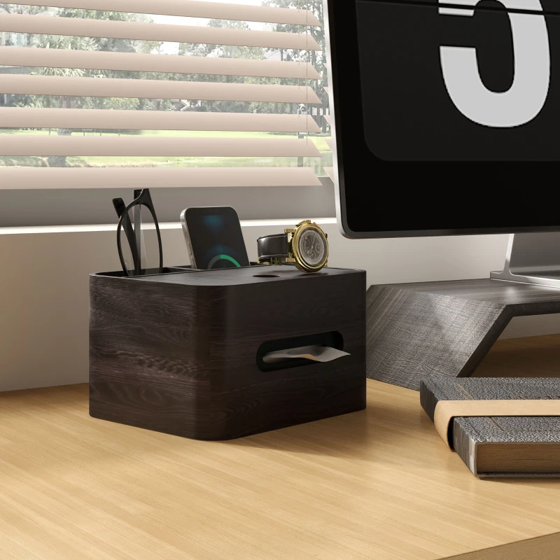 HOMCOM Organiseur de bureau rangement bureau multifonction avec 2 compartiments boîte à mouchoirs en bois marron