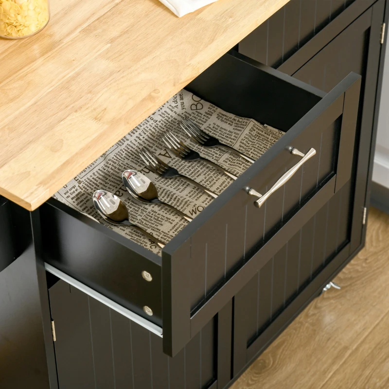 HOMCOM Carrinho de Cozinha com Rodas Móvel Auxiliar de Cozinha com 2 Gavetas 2 Portas Prateleira Ajustável  104x46x91 cm Preto