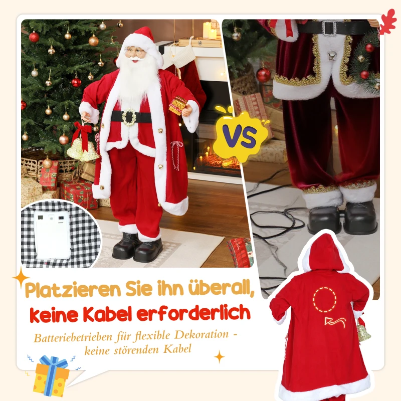 HOMCOM Kerstman 1,15 m staande Kerstman met cadeau- en Kerstklok Indoor, Rood