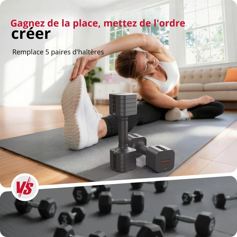 5‑en‑1 ensemble d'haltères réglable (2 pièces), verrouillage double, poignée souple en TPU, 29,5x24,5x13 cm, gris