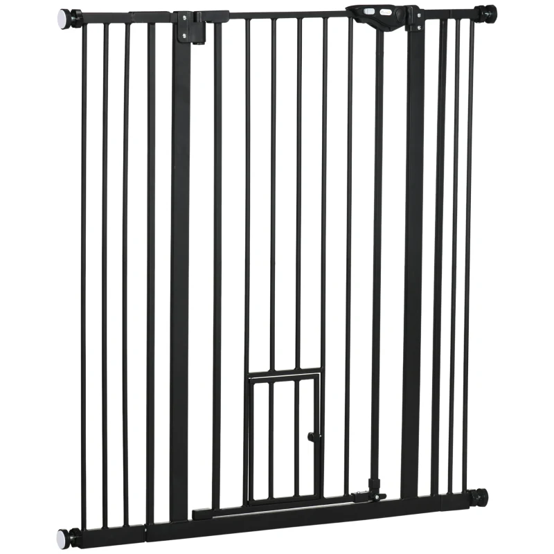 PawHut Barrera de Seguridad Extensible con Puerta Pequeña Cierre Automático y Sistema de Doble Bloqueo 74-101x104,1 cm Negro