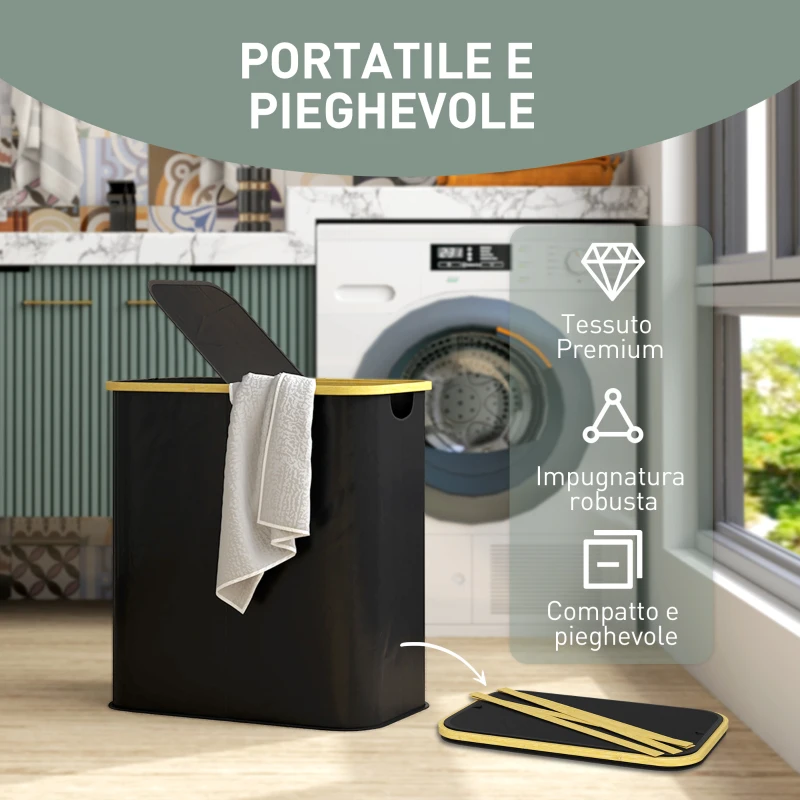 HOMCOM Cesto Portabiancheria da 80L a 2 Sezioni con Coperchio, in Tessuto non Tessuto e Bambù, 54x34x58.5 cm, Nero
