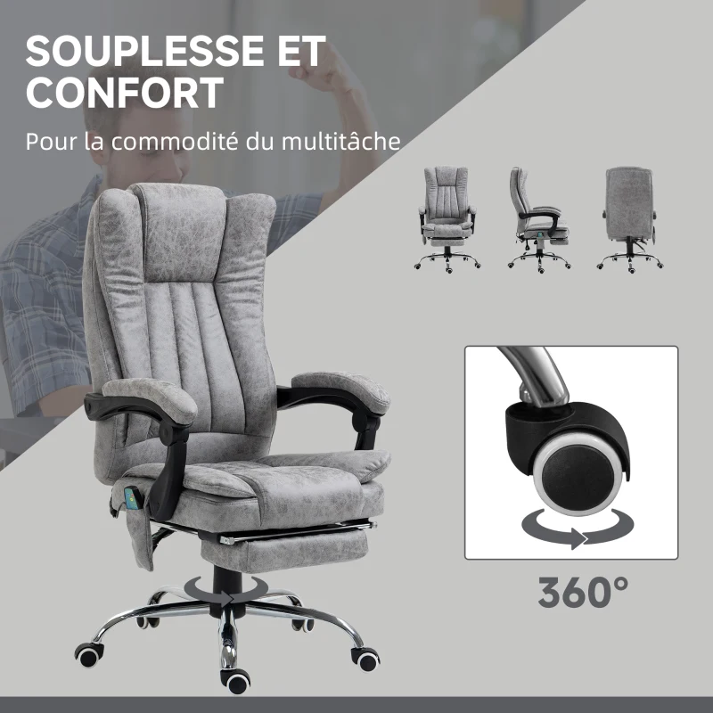 Vinsetto Fauteuil de bureau massant et chauffant, chaise de bureau, chaise ergonomique avec hauteur réglable, dossier inclinable, repose-pied et télécommande filaire, pivotant à 360°, gris