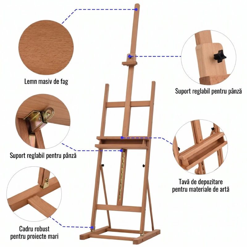 HOMCOM Șevalet Reglabil din Lemn de Fag pentru Pictură cu Compartiment de Depozitare, 53x50.5x171-230cm